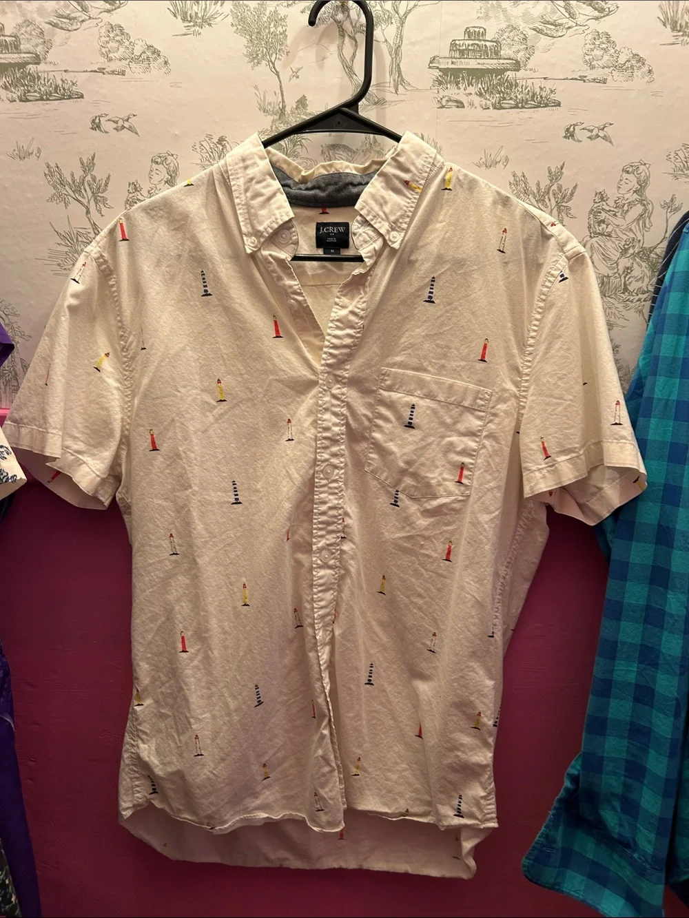 J. Crew White Short-Sleeve Button-Down Shirt with Multicolor Beacon Print